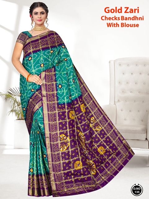 Gold Zari Checks Bandhani Casual Wear Cotton Printed Designer Saree Collection